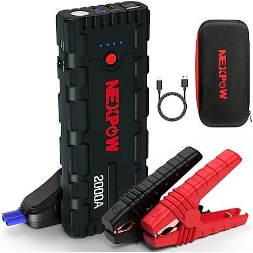 NEXPOW Arrancador de Coche 2000A,12V Arrancador de Baterias de Coches(para 7.0L Gas o 6.5L Diésel), Jump Starter con LED de Emergencia, Carga Rápida, Espera Larga, Clips de Seguridad Inteligentes