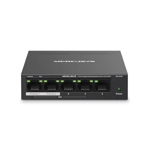 Mercusys MS105GP - Switch Gigabit de 5 Puertos con PoE+ de 4 Puertos, Plug & Play, Largo Alcance hasta 250m, hasta 30W para Cada Puerto