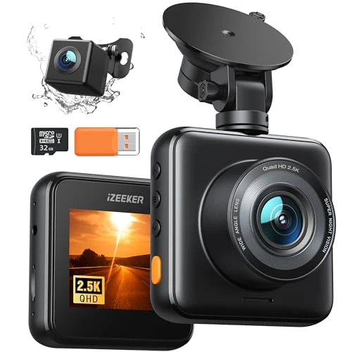 iZEEKER 2.5K Dash Cam Auto Fronte Retro, Scheda 32GB Pratuita, 1440P+1080P FHD Telecamera per Auto, Doppia Dashcam Auto 170° Grandangolo, G-Sensore, Visione Notturna, WDR, Monitor di Parcheggio