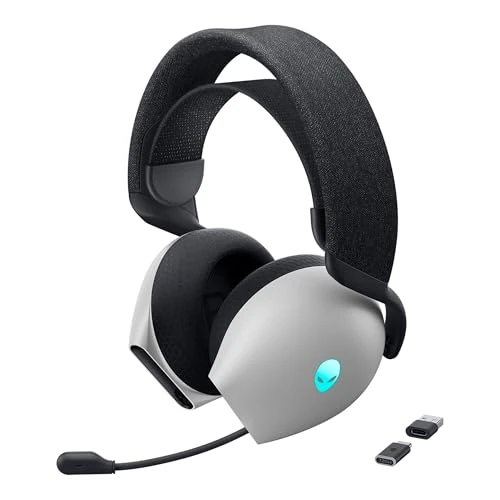Alienware AW720H Dual-Mode Wireless Gaming Headset - Dolby Atmos Spatial Sound, Wireless 2.4 GHz, 3.5mm Connector Cable, In-line Controls, Integrated Microphone, Unidirectional - Lunar Light