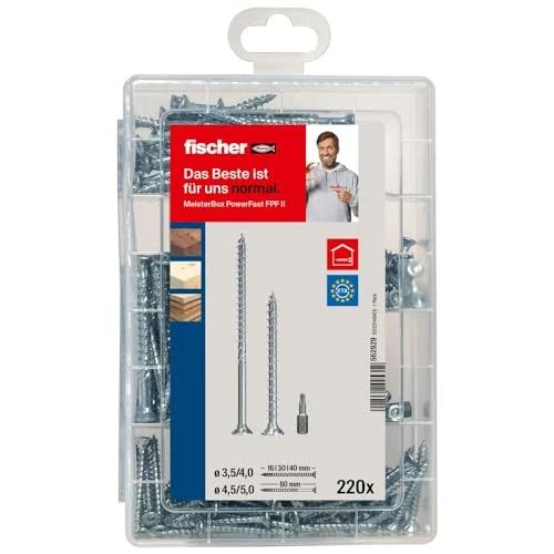 Oferta limitada: fischer Meister-Box PowerFast II - Tornillo para aglomerado, caja surtida con 220 tornillos galvanizados azules y 2 puntas, cabeza avellanada, accionamiento TX, rosca parcial y completa, set universal de 29.33 € a 29.33 € (ahorro 0.00%)