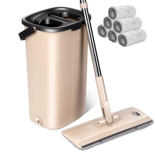 Masthome Bodenwischer mit Eimer Set, Wischmopp Set Eimer mit 6 Mikrofaser Pads, Putzeimer mit Wischmop mit Einstellbar Edelstahlgriff, Wischer Boden für Alle Bodentypen Bodenreinigung
