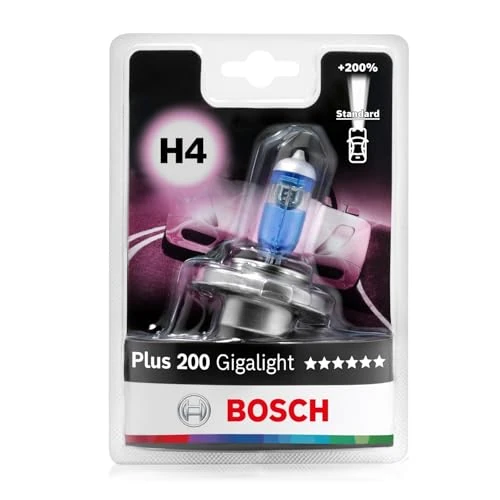 Bosch Lampadina Alogena H4 Plus 200 Gigalight, 12 V 60/55 W, con il 200% di Luce in più - Attacco P43t - Confezione da 1 Lampadina