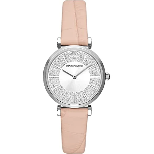 Emporio Armani Reloj de mujer Movimiento de cuarzo/2 agujas Caja de 32 mm con correa de piel AR11543, Rosa claro y purpurina