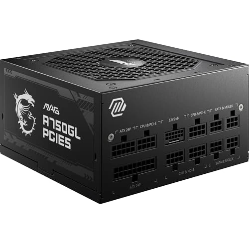 MSI mag A750GL PCIE5 - Fuente de alimentación, 750W, 80 Plus Gold, Totalmente Modular, ATX 3.0, Soporte GPU PCIe 5.0, Ventilador FDB de 120mm, Full-Bridge LLC, Cables Planos Negros,7 años de garantía