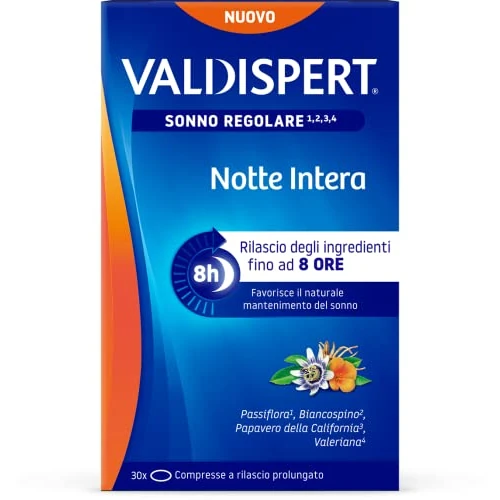 Valdispert Notte Intera, 30 Compresse a Lento Rilascio per il Sonno Regolare con Valeriana, Passiflora, Biancospino e Papavero della California, Senza Glutine e Senza Lattosio