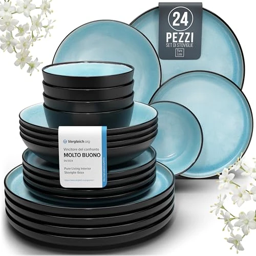 Tijdelijke aanbieding: Steengoed Serviesset voor 6 Personen Ibiza 24-delig - Mediterraans Servies, Vaatwasser-, Magnetron- en Krasbestendig - Pure Living Eetgerei aquamarijn van 179.95 EUR naar 99.95 EUR (korting 44%)