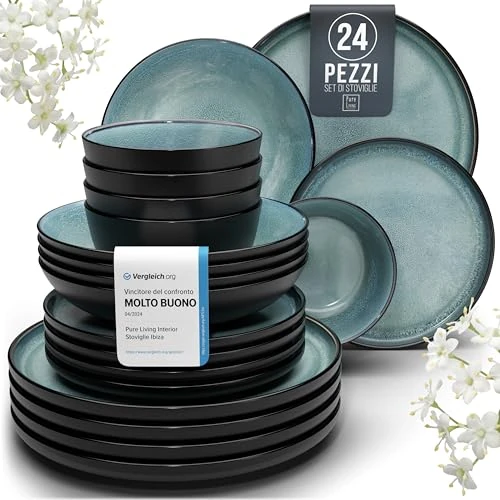 Oferta limitada: Juego de Vajilla de Steingut Ibiza para 6 Personas - 24 Piezas, Set de Vajilla para Lavavajillas y Microondas - Moderno Juego de Platos - Servicio de Pure Living en azul humo de 179.95 EUR a 99.95 EUR (ahorro 44%)
