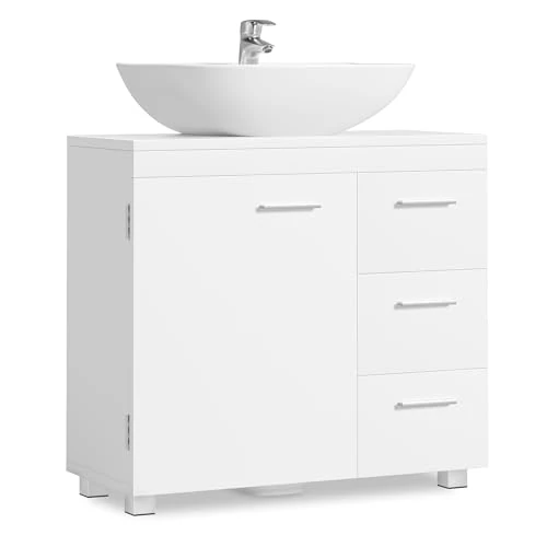 Offerta a tempo: VASAGLE Mobile Sottolavabo per Bagno, Mobiletto da Bagno, 3 Cassetti Laterali, 2 Scomparti dietro l'Anta, per Lavabi con Colonna, con Piedini, 30 x 70 x 64 cm, Bianco Nuvola BBK504W01 - 15% da 69.99 € a 59.49 €