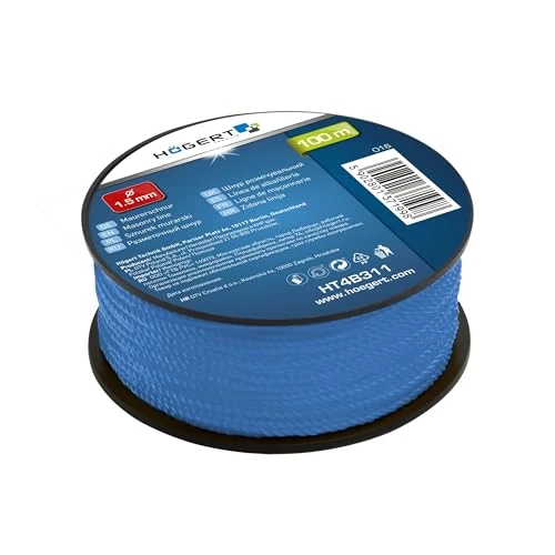 HÖGERT TECHNIK - Wandkoord, bouwkoord, bestratingskoord, nivelleringskoord, scheurvast en belastbaar, 100 meter lang, Ø 1,5 mm, licht zichtbare blauwe kleur
