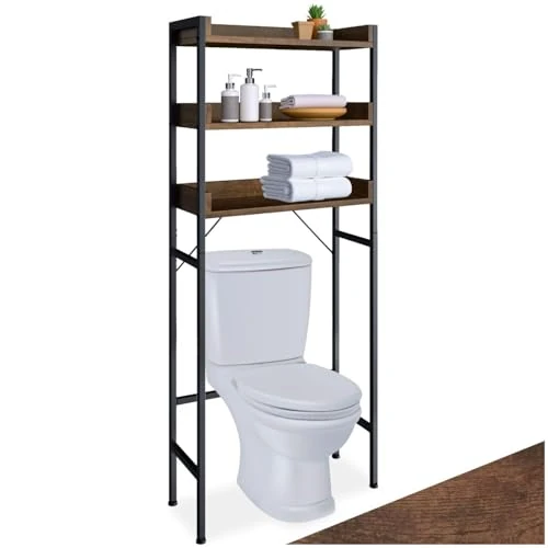 tectake® Bathroom Shelf in Industrial Look with 3 Tiers, Steel Frame, Three-Sided Wooden Shelves, Height-Adjustable, Tilt Protection & Quick Setup - 67x25x165.5cm Bathroom Storage Shelf - Dark Brown