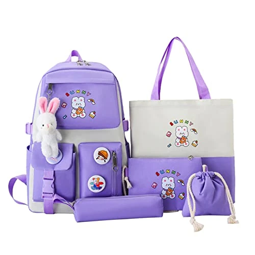 Myyunhx Rugzak voor meisjes, set van 5, canvas schoolmeisjes, rugzak, Kawaii geassembleerde rugzak, schattige schooltas met pluche konijnenhanger en cartoonstickers, pluche kinderrugzak voor