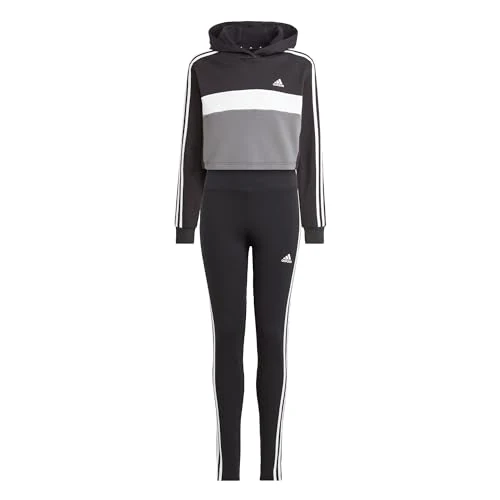 adidas Girl's Tiberio 3-Stripes Colorblock Fleece Leggings Set Kids, black/white/white, 13-14 Years