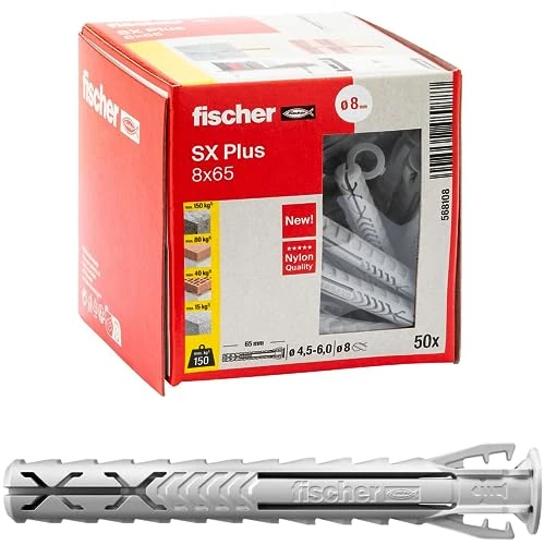 Fischer 50 Tasselli Lunghi SX Plus 8x65 mm per Muro Pieno, Mattone Forato, Muratura, Calcestruzzo, per il Fissaggio di Lampadari, Mobili, Pensili, Mensole, 568108