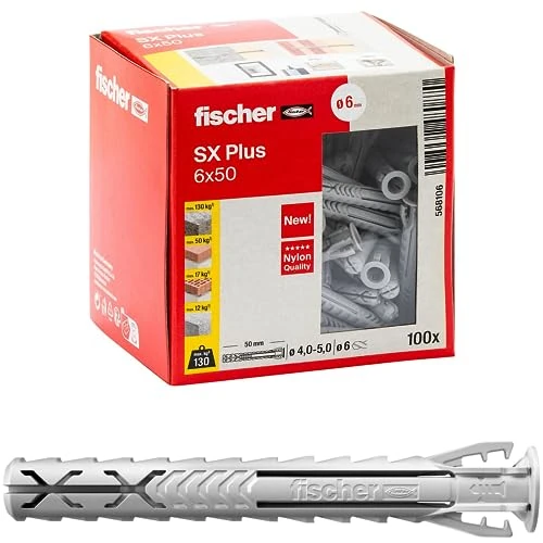 Zeitlich begrenztes Angebot: fischer Spreizdübel SX Plus 6 x 50, Schachtel mit 100 Nylondübeln, Dübel für optimalen Halt bei Befestigungen in Beton, Vollziegel, Porenbeton, Hochlochziegel uvm. von 8.39 € auf 6.98 € (17% Rabatt)