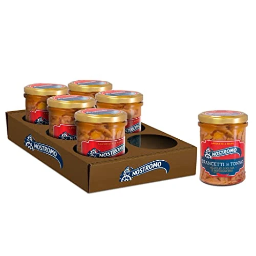 Nostromo - Trancetti Tuna with olive oil and chilli, 6 jars of 180 g, top quality, handmade, source of Omega 3