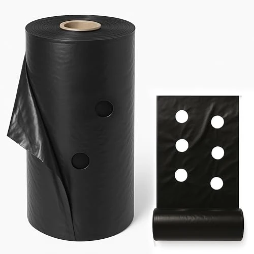 Zwarte onkruiddoek voor de tuin, geperforeerd of zonder gaten, uv-bescherming, waterdoorlatend, polyethyleen, dikte 5 micron, karton (1,10 x 50 meter, geperforeerd 40 x 25 cm)