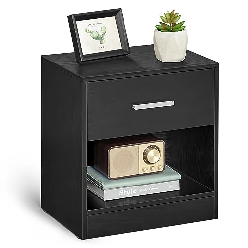 VASAGLE Table de Nuit, avec Tiroir, Poignée, Compartiment Ouvert, Table d’Appoint, pour Chambre, Salon, Noir Classique LET619T56