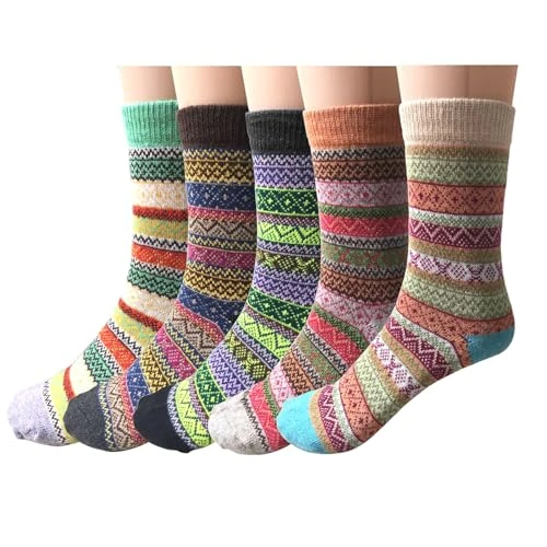 Justay Pucott 5 par damskich skarpet zimowych, oddychające miękkie skarpetki, wełniane grube skarpety kolorowe skarpety prezenty świąteczne dla kobiet, Niebieski, zielony, czarny, beżowy, kawowy, 37-42 EU