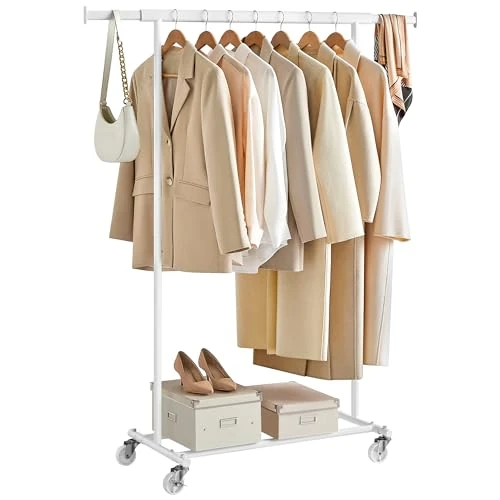SONGMICS Portant à Vêtements avec Roulettes, Tringle Extensible pour Charge Lourde, Porte-manteau, Capacité de Charge 100 kg, 45 x (92-132) x 161,5 cm, Montage Facile, Blanc HSR013W01