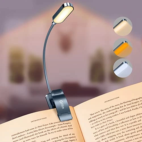 Gritin 16 LED Reading Light, Book Light 3 Eye-Protecting Modes Reading Lamp (White/Amber/Mixed) - Stepless Dimming, Rechargeable, 4-Level Power Indicator, Flexible Clip on Book Lamp- Aquamarine