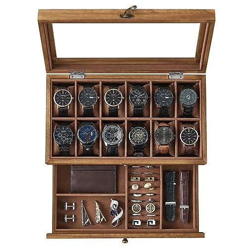 SONGMICS Boîte à Montres 12 Emplacements, Écrin à Montres en Bois, avec Couvercle en Verre, Coussinets pour Montres, Doublure en Velours, Coffre à Bijoux, Couleur Noisette JOW012K01