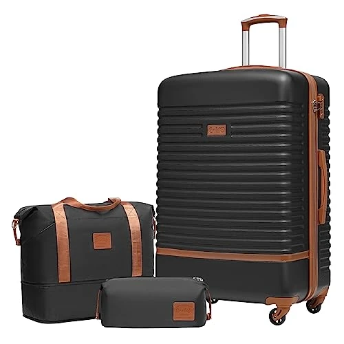 COOLIFE Suitcase Trolley Suitcase Travel Suitcase from ABS Hard Shell Trolley 4 Wheels TSA Lock The Suitcase Includes 1 Travel Bag and 1 Toiletry Bag, black / brown, Großer Koffer-Set 3tlg, Suitcase