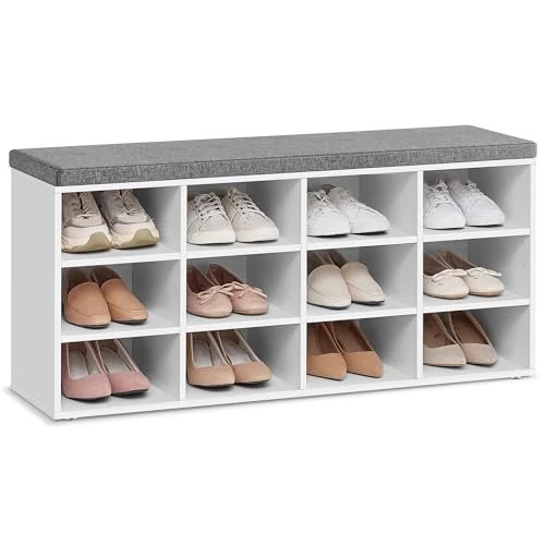 VASAGLE Banco Zapatero, Mueble Zapatero, Banco Recibidor con 12 Compartimentos y Asiento Acolchado, 30,3 x 104 x 48 cm, Entrada, Dormitorio, Sala de Estar, Blanco y Gris LHS012W14