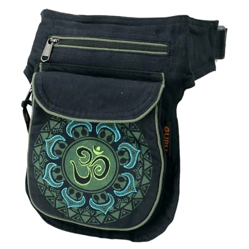 GURU SHOP Sac banane en tissu Aum Mandala - Vert - Unisexe - Adulte - 25 x 17 x 4 cm, noir/vert, Taille unique, Décontracté