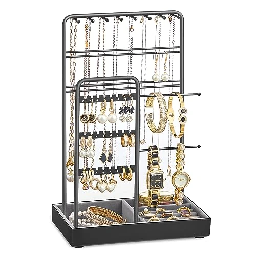 Offerta a tempo: SONGMICS Portagioie, Porta Collane e Orecchini, Espositore per Gioielli, Struttura in Metallo, Vassoio in Velluto, per Collane Bracciali Orecchini Anelli, Idea regalo, Nero JJS021B01 - 0.00% da 27.99 € a 27.99 €