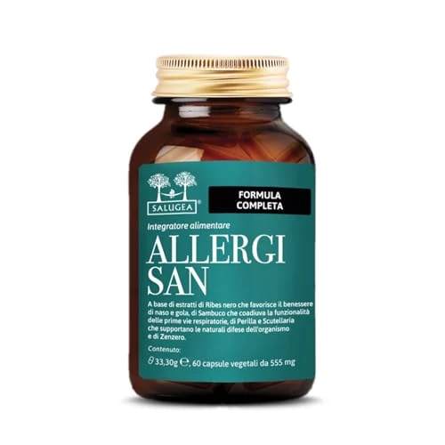ALLERGISAN Salugea – Suplemento 100% natural para el bienestar de la nariz, garganta y ojos – Manifestaciones alérgicas – con perilla, grosella negra, escutellaria, saúco y jengibre – 60 cápsulas