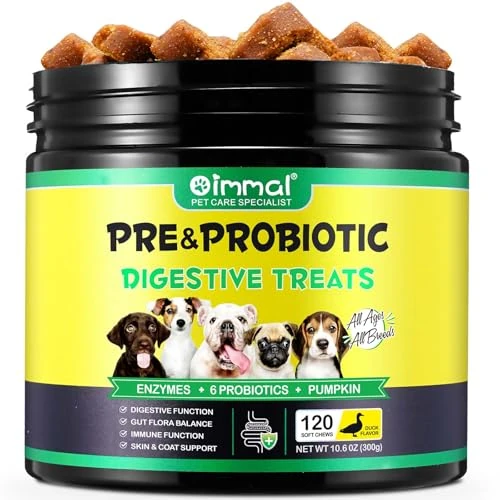 Probiotica voor honden, ondersteunt de darmgezondheid, jeukende huid, allergieën, gistbalans, immuniteit, probiotica en spijsverteringsenzymen voor kleine, middelgrote en grote honden, 120 kauwsnacks,