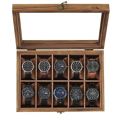 Offerta a tempo: SONGMICS Scatola per Orologi, Scatola Porta Orologi a 10 Scomparti, Portaorologi in Legno con Coperchio in Vetro e Cuscinetti Rimovibili, Idea Regalo, Noce Rustico JOW100K01 - 45% da 32.99 € a 17.99 €
