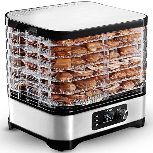 YOER VitaSave FD01S Voedseldroger voor levensmiddelen, paddenstoelen, vruchten, vlees, vis, kruiden en groenten, timer, roestvrij staal INOX, 450W