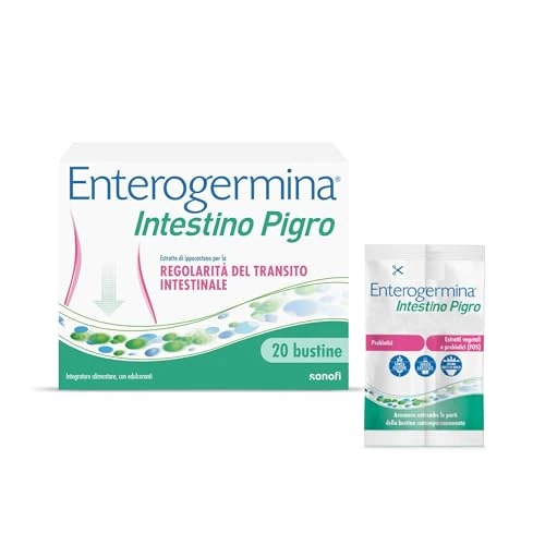 Enterogermina Intestino Pigro, Fermenti Lattici, Probiotici, Prebiotici, FOS, Integratore Regolarità Intestinale, con Psillio, Ibisco, Ippocastano, Opuntia, 20 Bustine Gusto Frutti di Bosco
