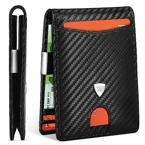 WONSEFOO Portfel męski Slim RFID Blocking Carbon Fiber Leather Portmonee męski z 12 przegródkami na karty kredytowe, klamerką na banknoty, minimalistyczny Bi-Fold męski portfel z pudełkiem na prezent,
