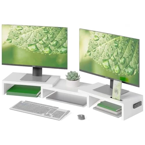 Offerta a tempo: BONTEC Supporto per Doppio Monitor da Tavolo con Supporto per Smartphone, Lunghezza Regolabile e Angolo di Girevole Organizzatore in Legno, Bianco - 19% da 28.49 € a 23.20 €