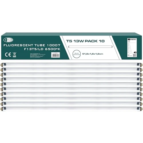 Limited-time offer: CLAR - Fluorescent Tube Light, T5 Fluorescent Tube, T5 Bulb, Fluorescent Light Tube, Cold White 51.6 x 1.6cm (13W Pack 10) from 99.99 £ to 10.99 £ (save 89.01%)