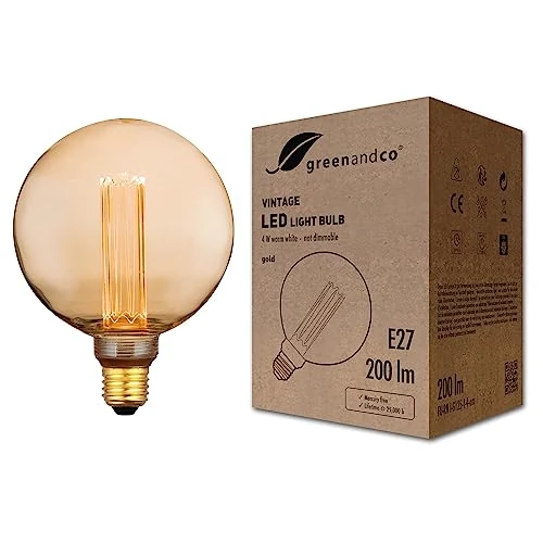 Limited-time offer: greenandco Decorative LED Vintage Light Bulb | E27 G125 | Amber | 4W 200lm | 1800K Extra Warm White | 320° | 230V | Flicker Free | Not Dimmable from 21.70 GBP to 21.70 GBP (save 0%)