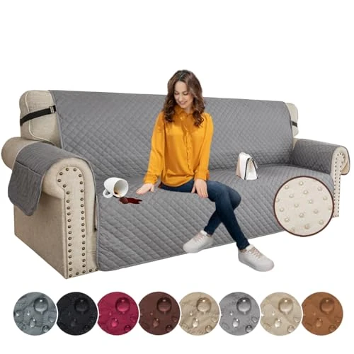 Offerta a tempo: XINEAGE Copridivano 3 Posti, Impermeabile Copridivano Reversibile, Copri Divano Trapuntato con Tasche Laterali, Copridivani Moderno per Cani e Gatti,Grigio Chiaro - 28% da 34.99 € a 25.02 €