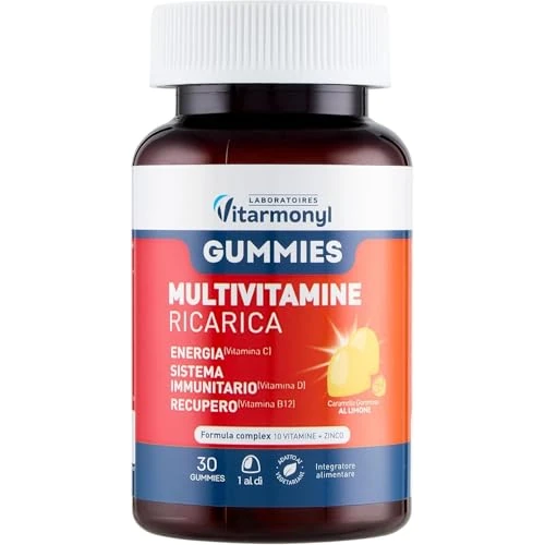 Offerta a tempo: Gummies Multivitamine Ricarica - Integratore Difese Immunitarie - Multivitaminico per l'Energia e il Recupero - Caramelle Gommose al Gusto Limone - 10 Vitamine e Zinco - 30 Gummies - Vitarmonyl - 20% da 8.79 € a 6.99 €