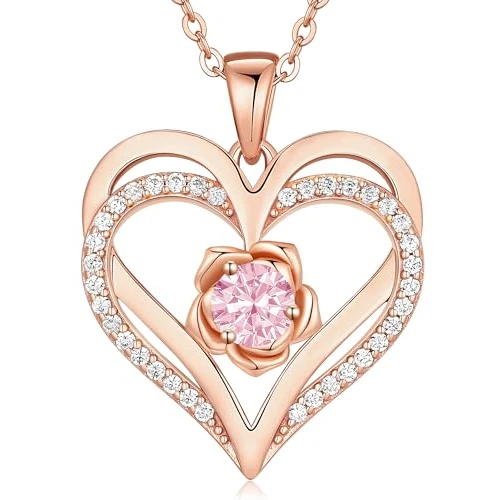 Oferta limitada: CDE Collar de mujer de plata 925, collar de corazón, piedra de nacimiento rosado y flor collar de oro, rosa joyas mujer regalo San Valentín, Navidad cumpleaños, FLAUTÍN, Plata esterlina, Plata,Oro de 89.77 EUR a 89.77 EUR (ahorro 0%)