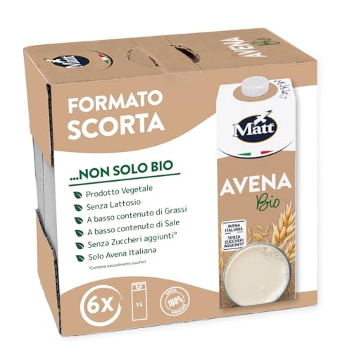 Matt, Avena Bio, Bevanda Vegetale Senza Lattosio e Senza Zuccheri Aggiunti, Bevanda Fresca e Dissetante a Basso Contenuto di Grassi, Gusto Delicato e Dolce, Alimentazione Sana, Confezione da 6x1L