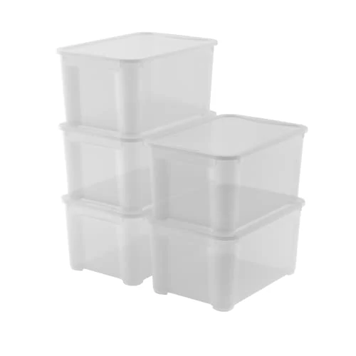 Offerta a tempo: Keter Set di 5 Contenitori in Plastica con Coperchio T Box L, Trasparenti, Ideali per Vestiti e come Portaoggetti, Adatti per Armadi e Garage, 47 L, 55x39x28H cm - 16% da 49.90 € a 41.99 €