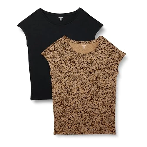 Offerta a tempo: Amazon Essentials T-Shirt con Scollo a Barchetta a Maniche Corte in Jersey, vestibilità Classica Donna, Pacco da 2, Marrone Maculata/Nero, XS - 0.00% da 18.61 € a 18.61 €