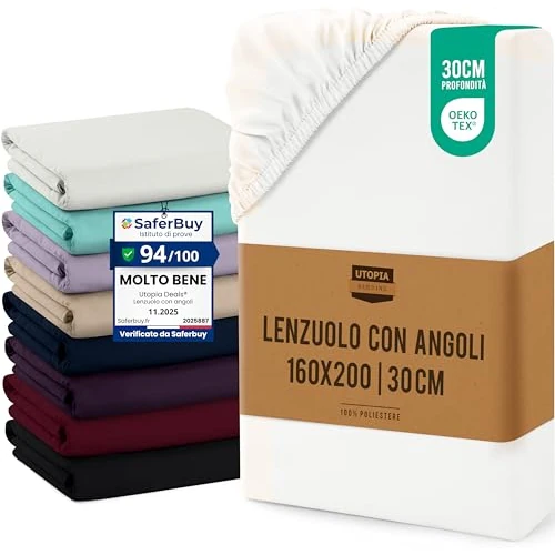 Offerta a tempo: Utopia Bedding Lenzuolo con Angoli, Una Piazza - 160x200x30 cm - Bianco | Microfibra di Poliestere Spazzolato - Lenzuolo Sotto con Angoli Elasticizzato - 15% da 15.99 € a 13.53 €
