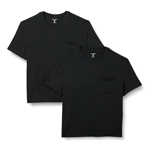 Amazon Essentials Damska koszulka z krótkim rękawem i okrągłym dekoltem z kieszenią, 2 sztuki, czarna, L