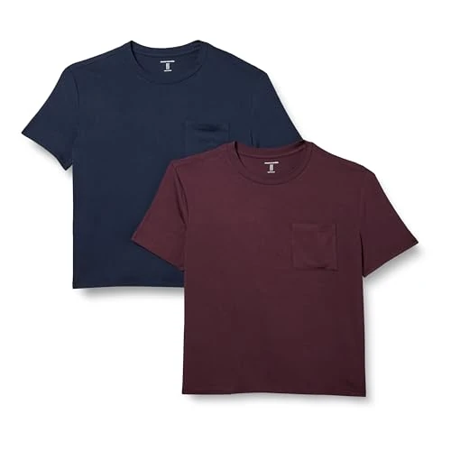 Amazon Essentials T-Shirt con Tasca Girocollo a Maniche Corte con vestibilità Comoda in Jersey Donna, Pacco da 2, Blu Marino/Bordeaux, XS