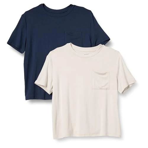 Amazon Essentials T-Shirt con Tasca Girocollo a Maniche Corte con vestibilità Comoda in Jersey Donna, Pacco da 2, Blu Marino/Sabbia, XS