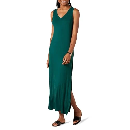 Amazon Essentials Damenkleid aus Jersey, V-Ausschnitt, Tanktop, Maxilang, Dunkelgrün, Größe XXL